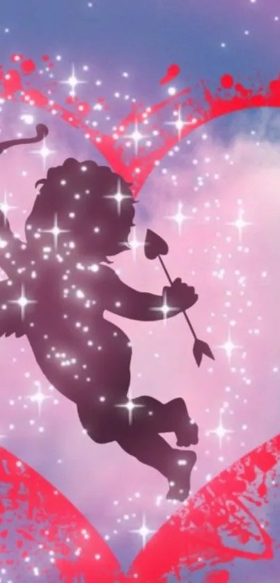 Silhouette of Cupid with arrow in a glowing heart background.