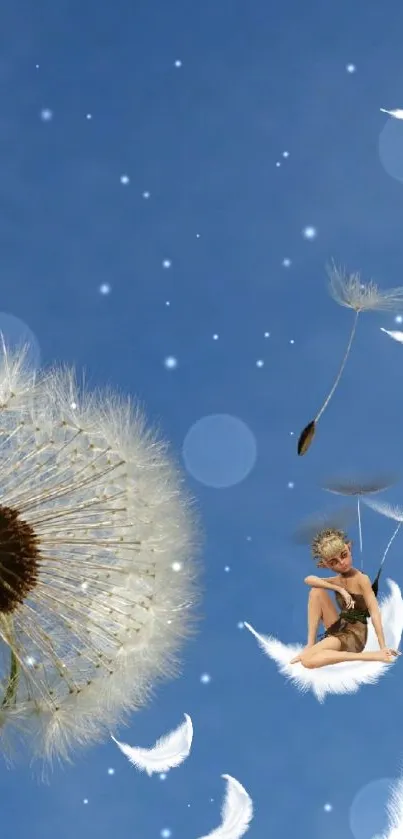 Whimsical dandelion and fairy mobile wallpaper with a blue sky.