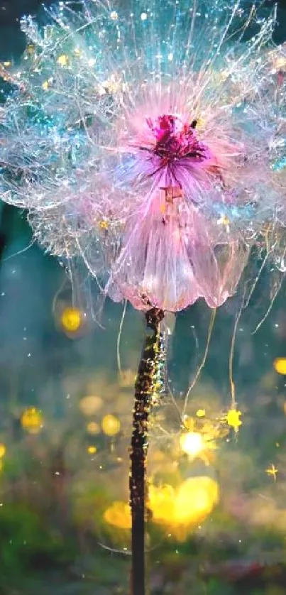 Glowing dandelion in mystical forest background.