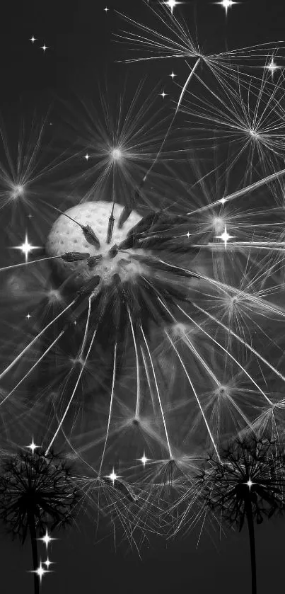 Black and white dandelion with starry night background wallpaper.