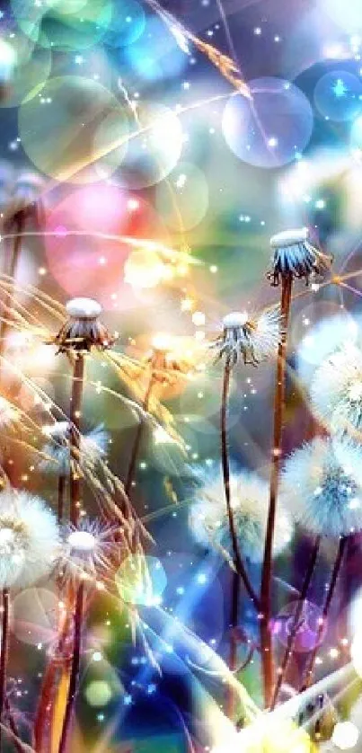 Dandelions with colorful bokeh creating a magical and vibrant phone wallpaper.