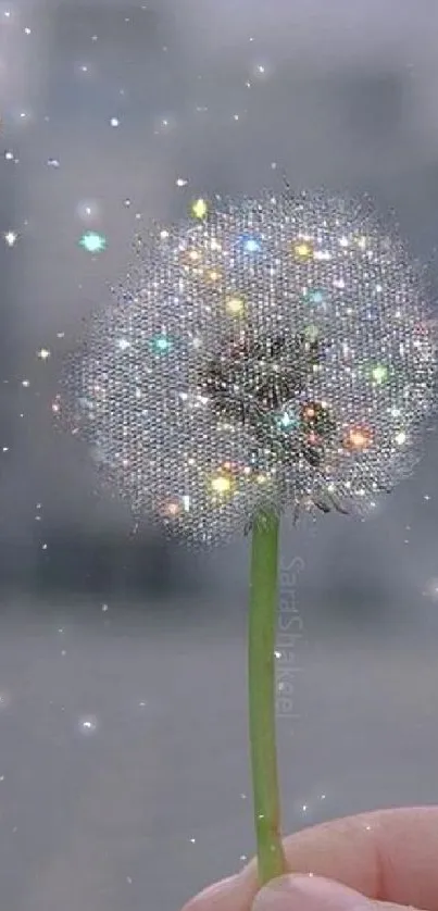 Dandelion with magical sparkles on a gray background.