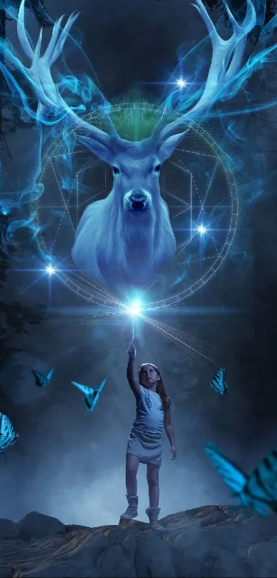 Girl reaching for glowing deer spirit in mystical forest.