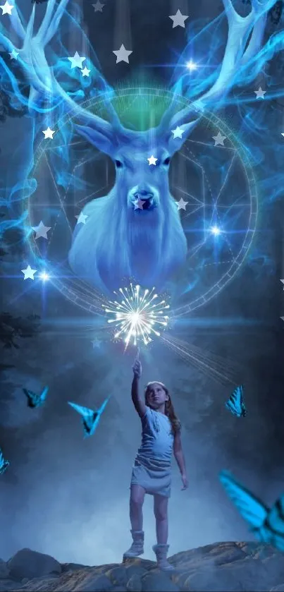 Fantasy wallpaper with a glowing deer and blue butterflies in a forest.