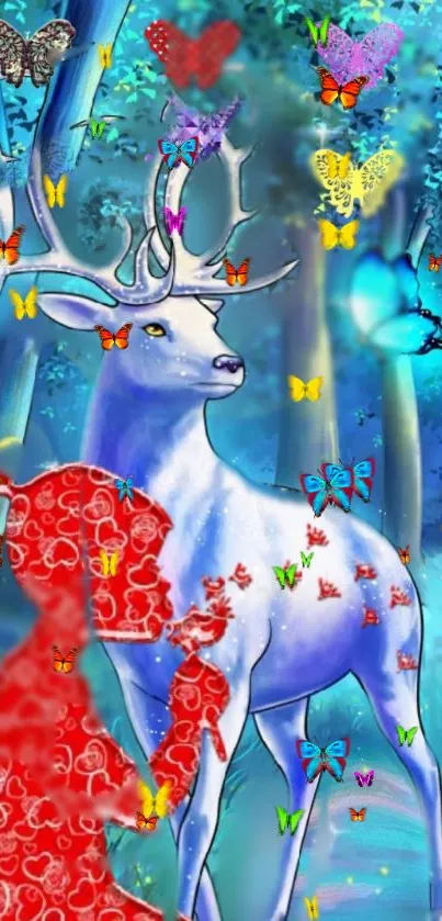 Magical white deer in forest surrounded by colorful butterflies.