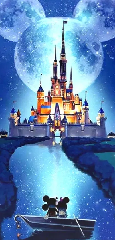 Magical Disney castle by night with two characters on a boat under a starry sky.