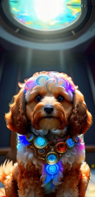 A magical dog under skylight in a mystical setting.