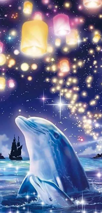 A dolphin under floating lanterns in a starry night ocean scene.