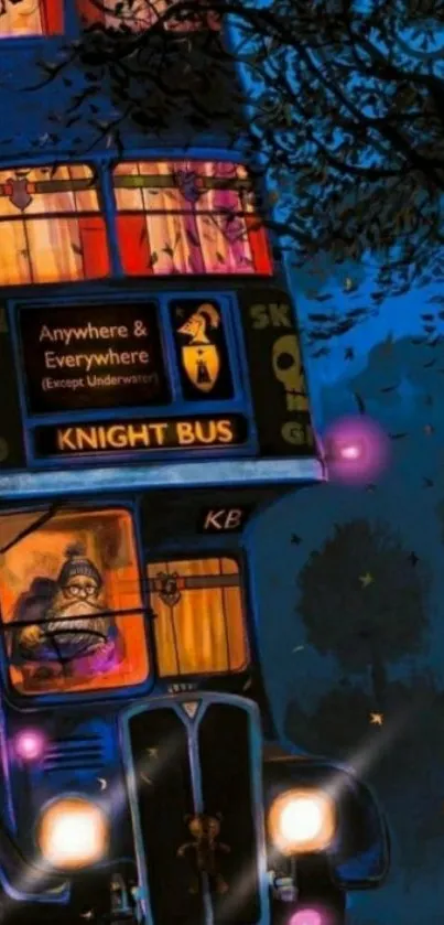 Magical bus under a blue night sky.