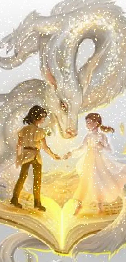 Illustrated dragon and children emerging from a glowing book.