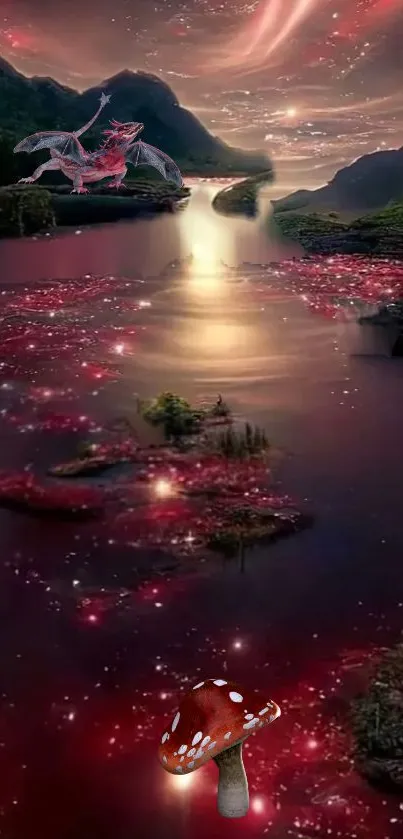 Magical landscape with dragon and glowing river.