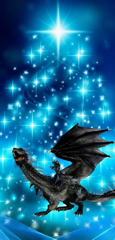 Enchanting dragon and glowing tree wallpaper with blue hues.