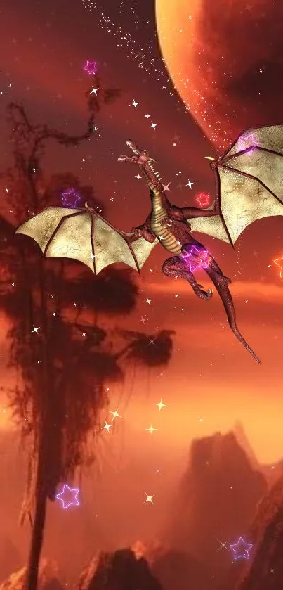 Fantasy dragon flying in red sky with glowing stars and planets.