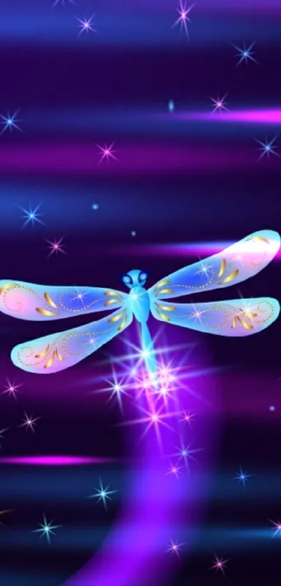 Magical dragonfly with colorful wings against a starry purple background.