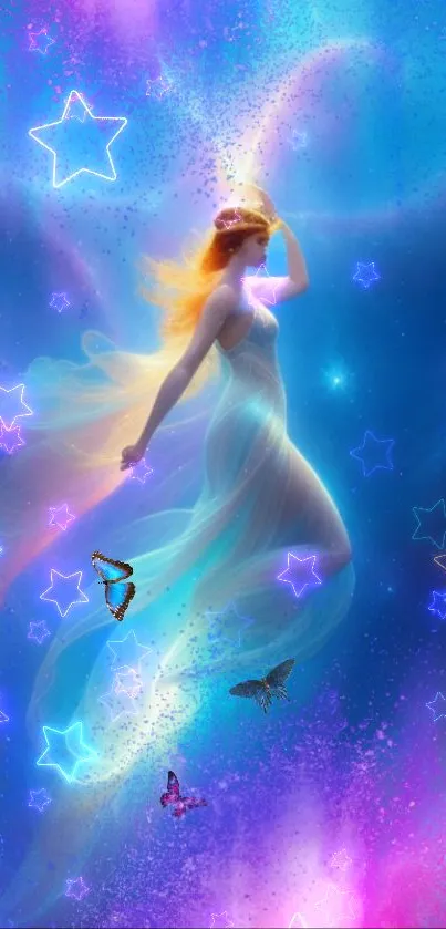 Ethereal woman with stars and butterflies in a vibrant blue and pink dreamscape.