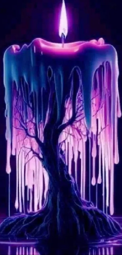 Mystical candle dripping over a tree with purple hues.