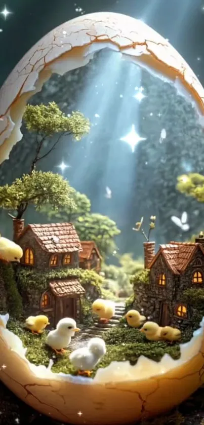 Miniature village inside a glowing egg with light rays.
