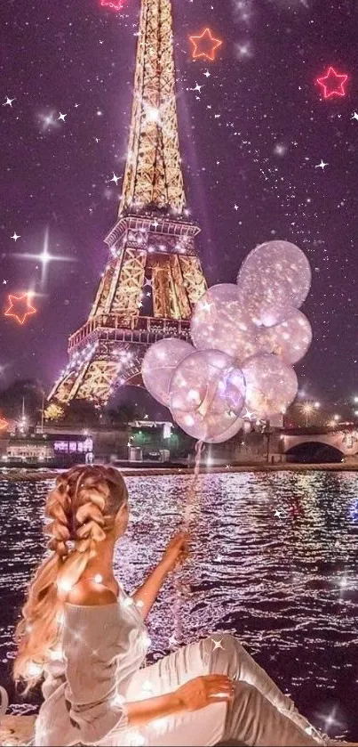 Dreamy night view of Eiffel Tower with stars and balloons.