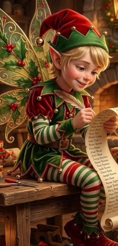 Elf writing a list in a festive, whimsical setting with holiday elements.
