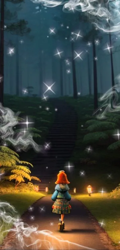 A girl walks along a magical, lantern-lit forest path under twinkling stars.