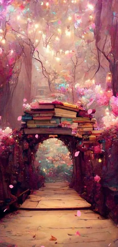 Dreamy enchanted forest path with flowers and books in magenta hues.