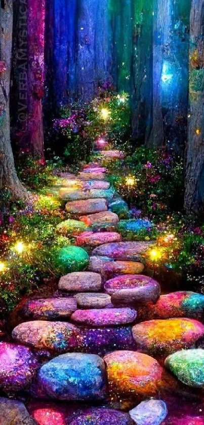 Colorful enchanted forest path wallpaper with glowing stones and magical lights.