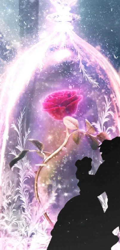 Enchanted rose under glass dome with silhouettes