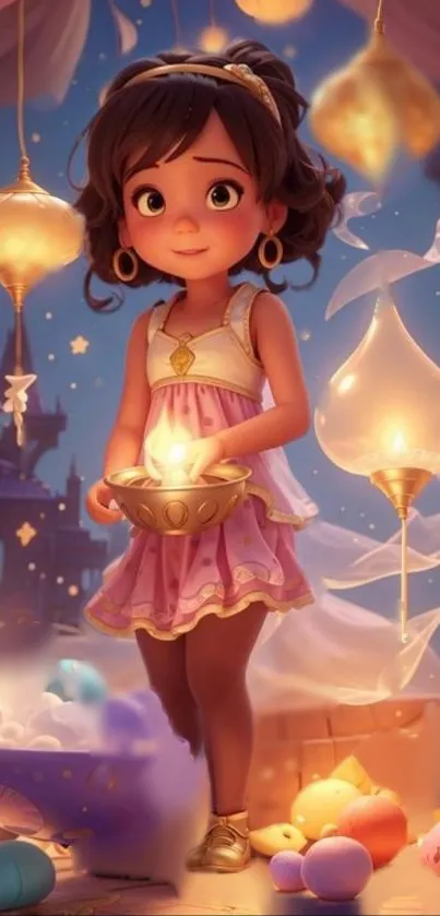 Child in a magical world holding a glowing lantern with whimsical surroundings.