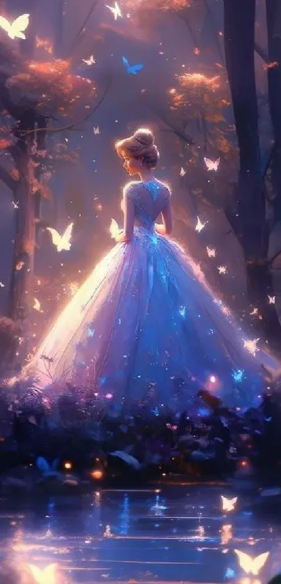 Glowing princess in fairy forest with butterflies