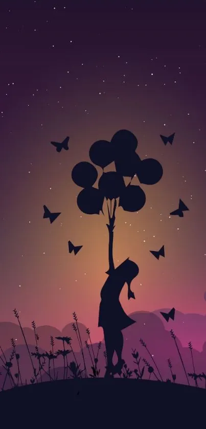 Child silhouette with balloons under a starry purple sky.