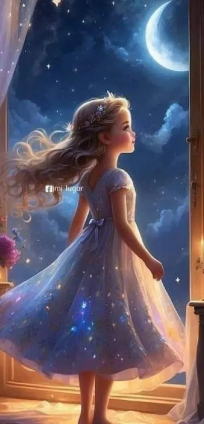 Fantasy girl in moonlit night with starry sky and open window view.