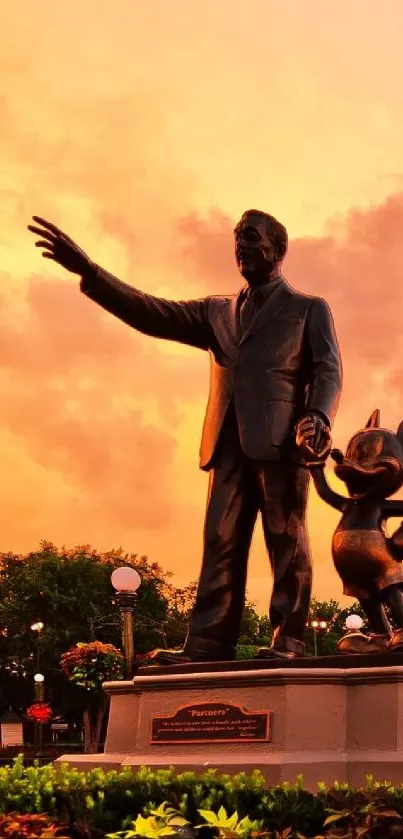 Statue of man and mouse under an orange sky at sunset.