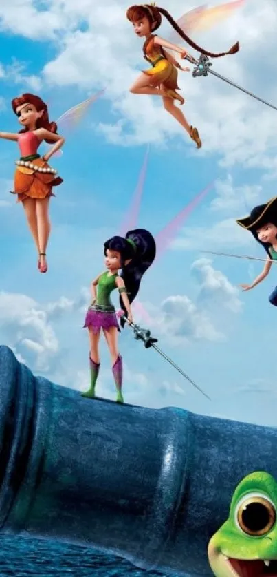 Fairies flying above an ocean with a frog looking on, creating a magical adventure scene.