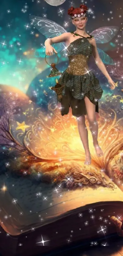 Fantasy wallpaper with fairy over an illuminated book.