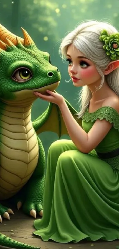 A fairy sits with a friendly dragon in a lush forest scene.