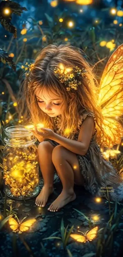 A magical fairy in a forest surrounded by glowing fireflies.