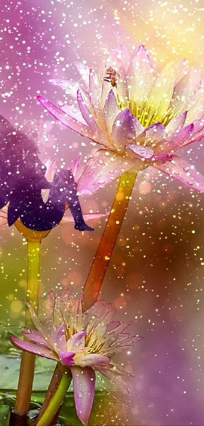 Fairy on lotus with purple background wallpaper.