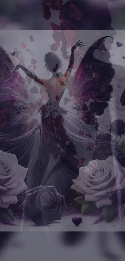 Fairy with colorful wings amidst roses in a mystical scene.