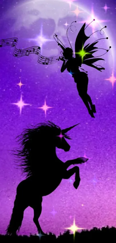 Fairy hovering above unicorn in purple night sky.