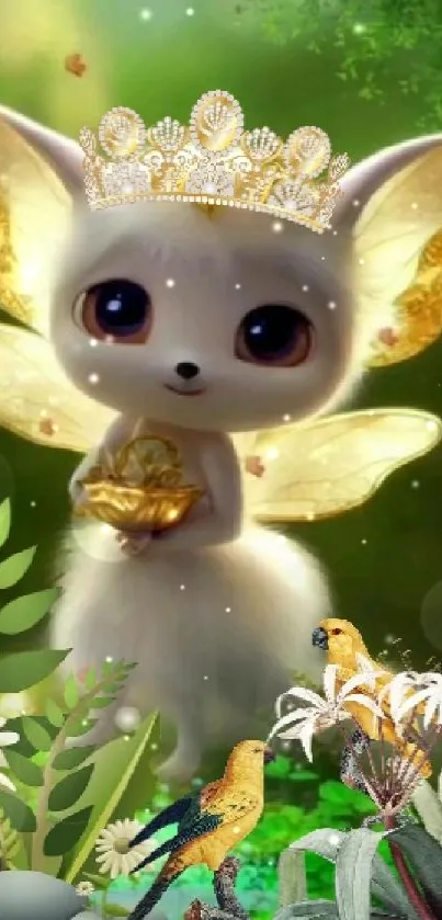 Whimsical fairy creature with a golden crown in a magical forest.