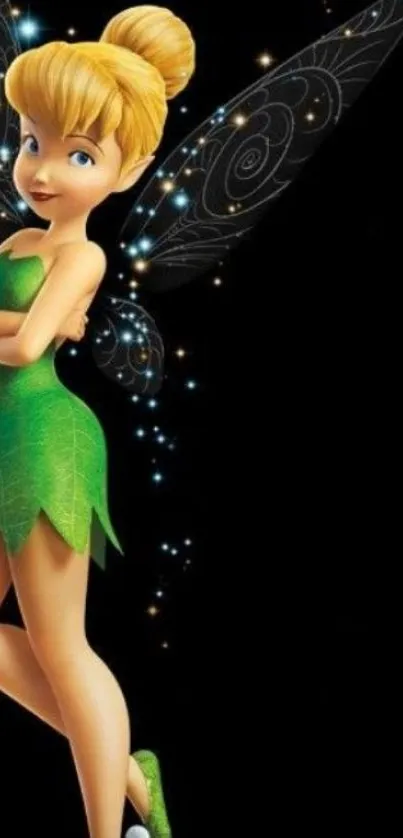 Fairy with green dress on black background with stars.