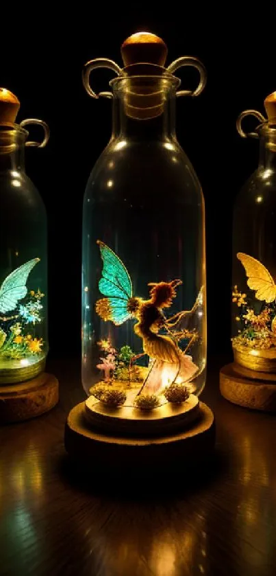 Magical glowing fairies inside decorative bottles.