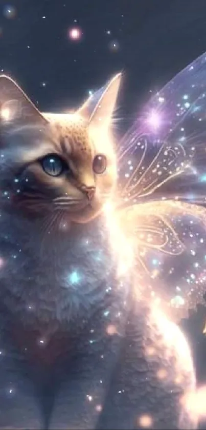 Fantasy cat with fairy wings and butterflies in a magical setting.