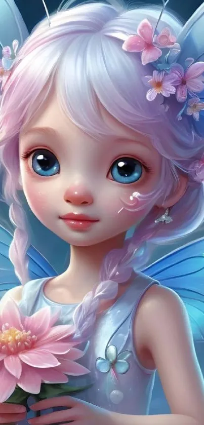 Magical fairy child with blue wings and pastel flowers.