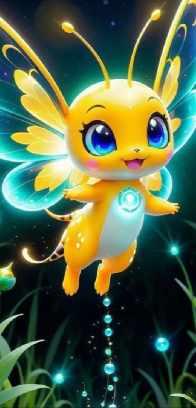 Adorable magical fairy with glowing wings in a fantasy forest.