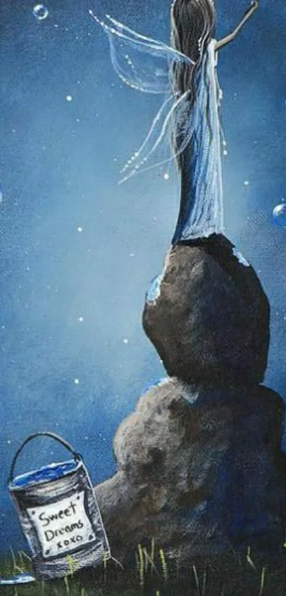 Fairy standing on a rock under a starry night sky, with a sweet dreams bucket.