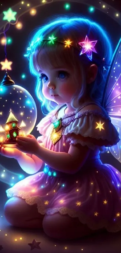Glow fairy girl with stars and magical sphere, dreamy neon colors.