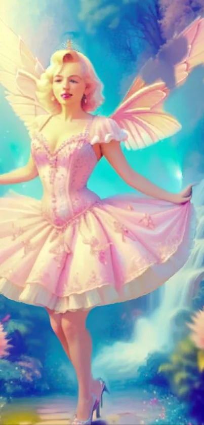 Fairy with wings in pastel dreamscape art.