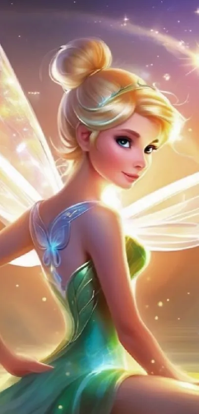 A fairy with glowing wings at sunset by a pond.