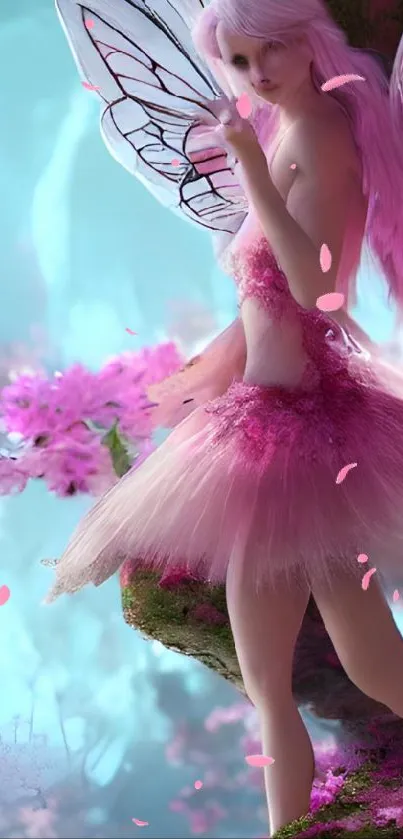 Enchanting pink fairy in a magical fantasy setting on mobile wallpaper.